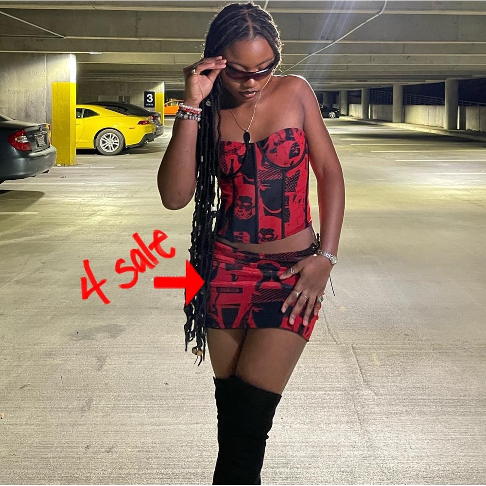 EDIKTED RED AND BLACK MESH POLKA DOT Y2K GRUNGE GRAPHIC LACE UP MINI SKIRT - Picture 2 of 11